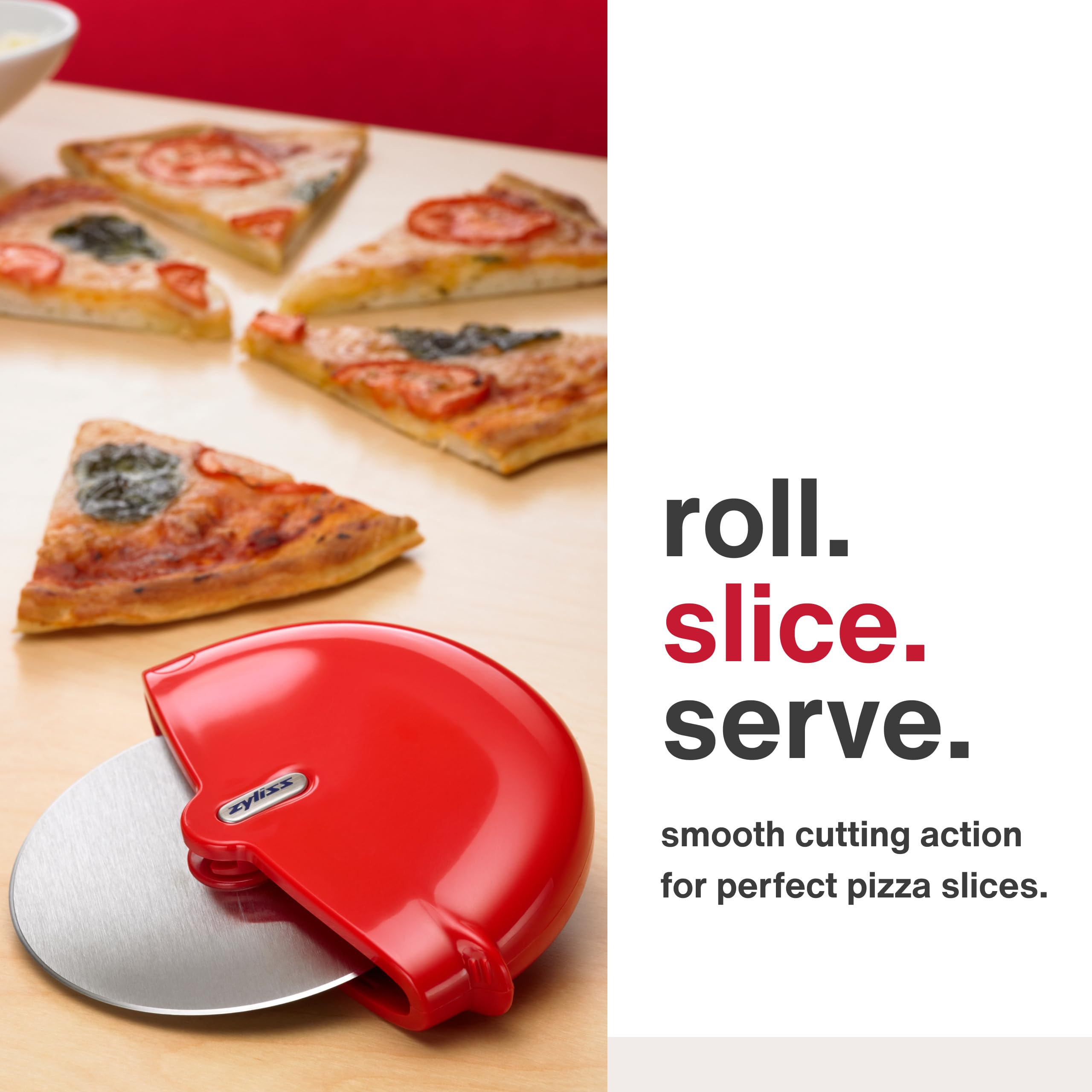 Zyliss pizza wheel shows ergonomic handle for precise control.
