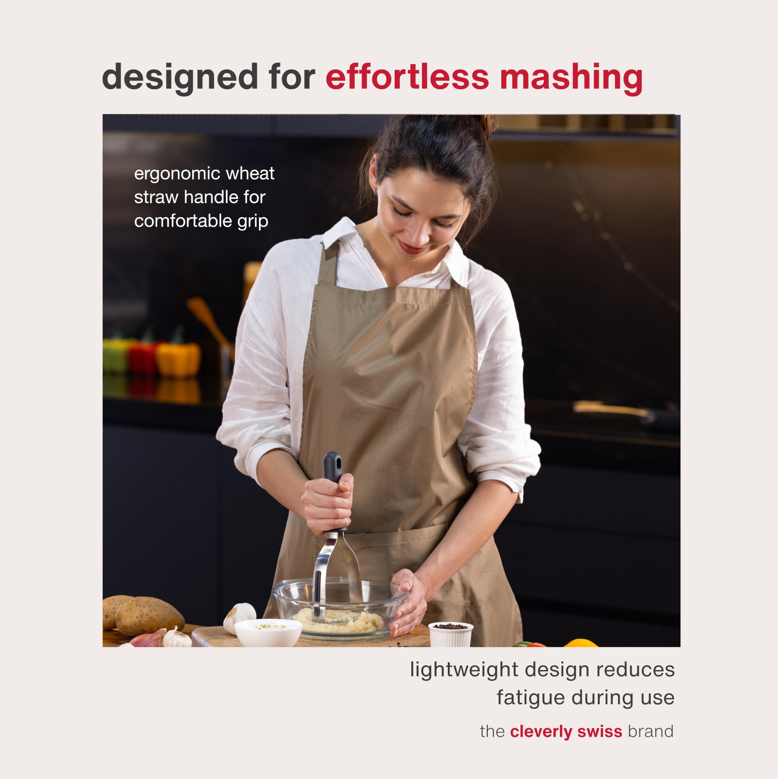 Zyliss potato masher is dishwasher-safe for easy cleanup.