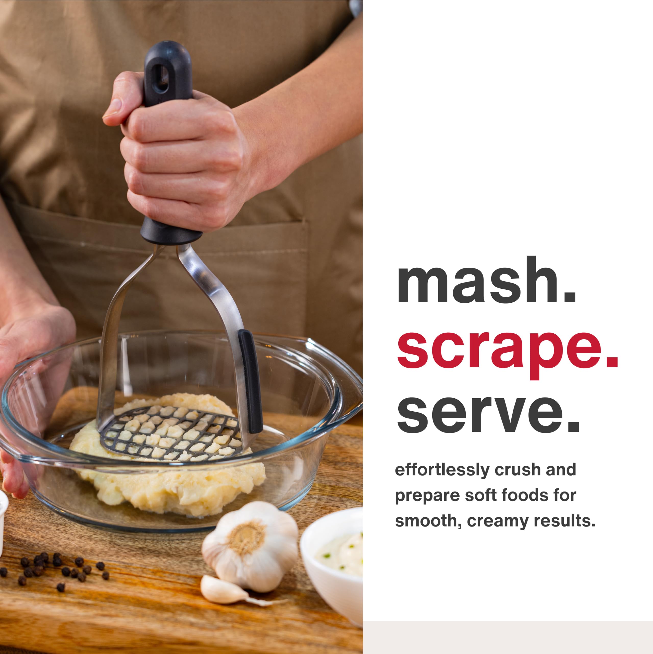 Zyliss potato masher delivers smooth puree for potatoes and avocados.