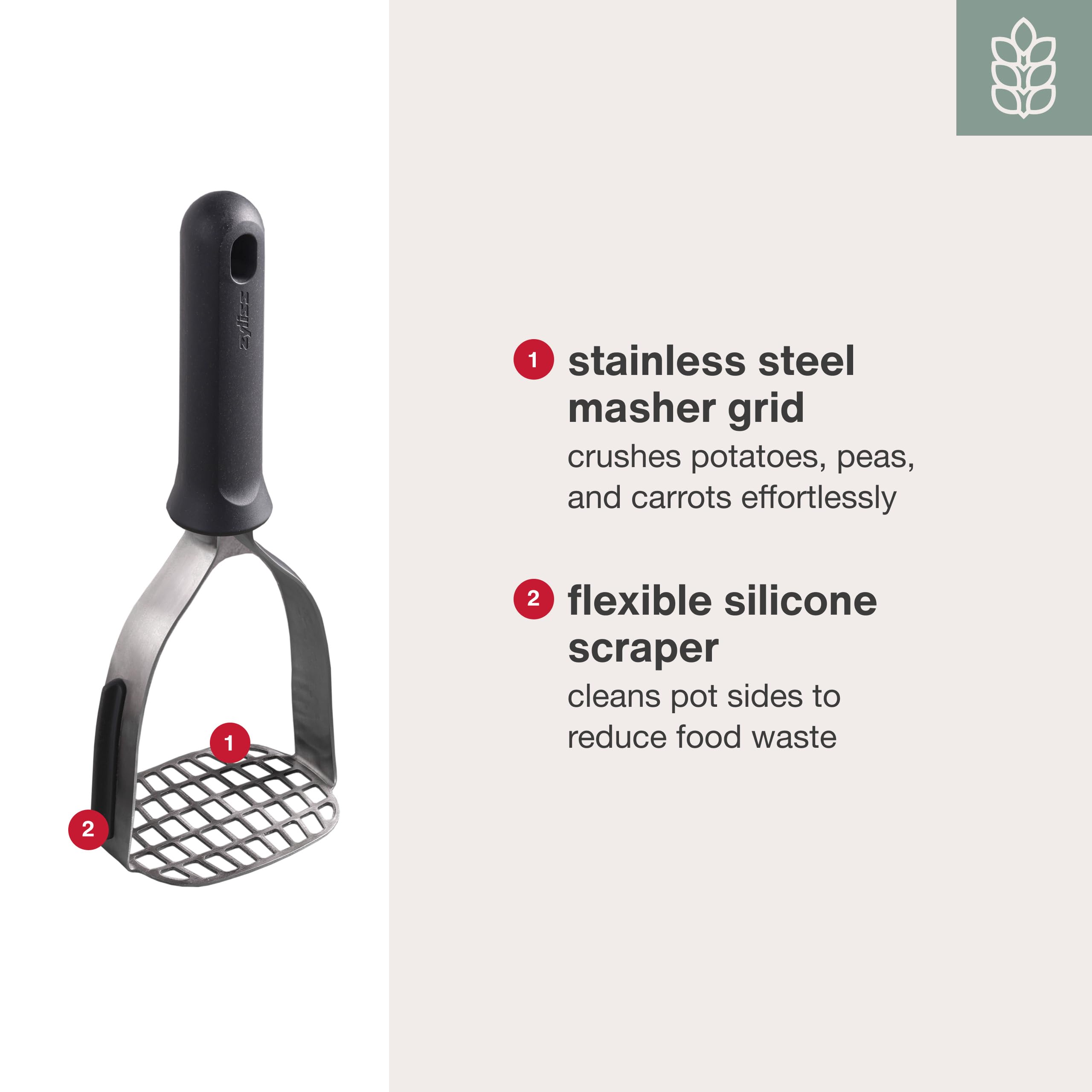Zyliss top-view potato masher showing generous mashing surface.