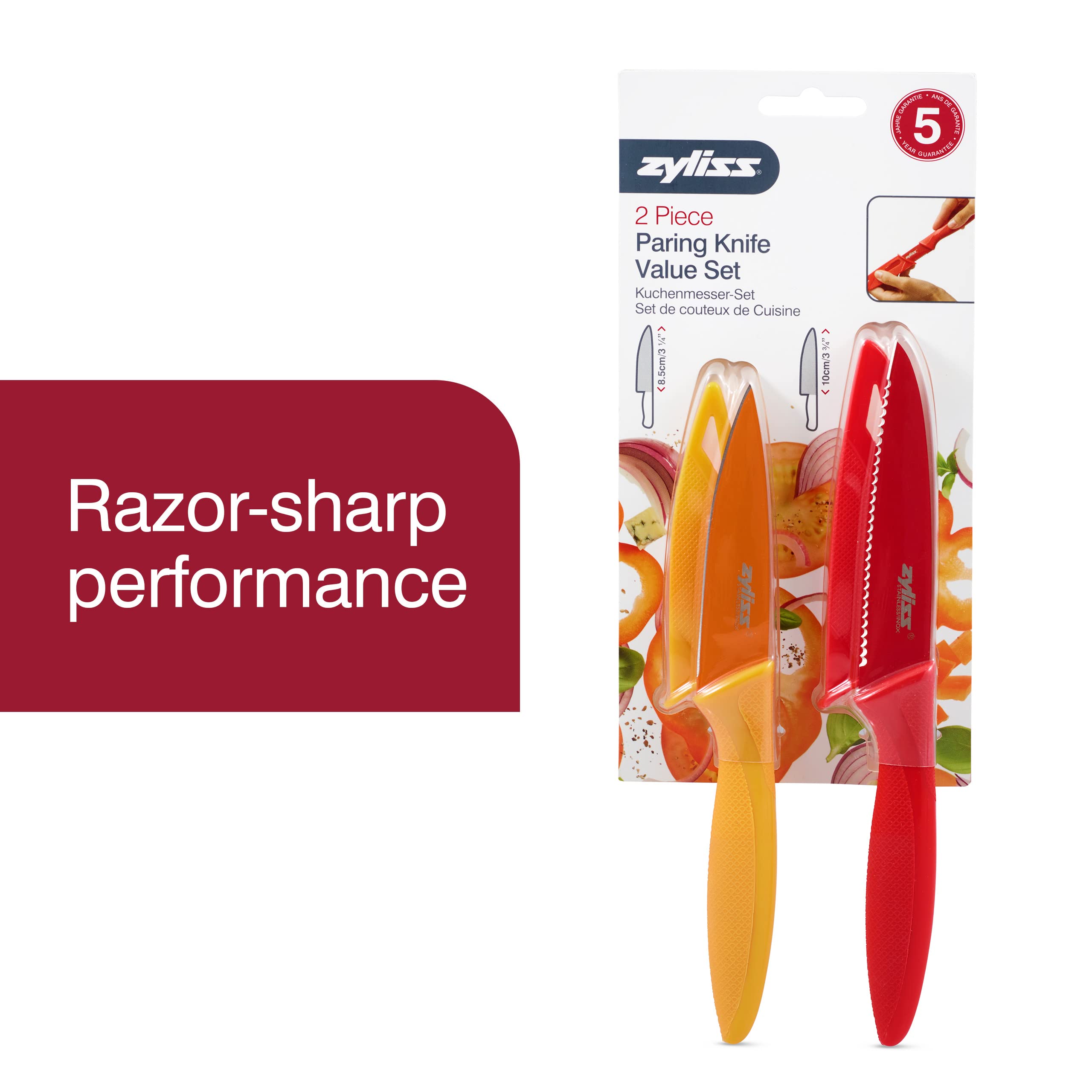 Zyliss two-piece paring knives with ergonomic handles for precise slicing.