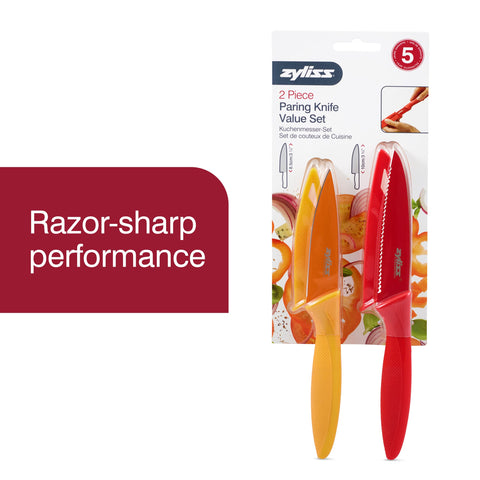 Zyliss two-piece paring knives with ergonomic handles for precise slicing.