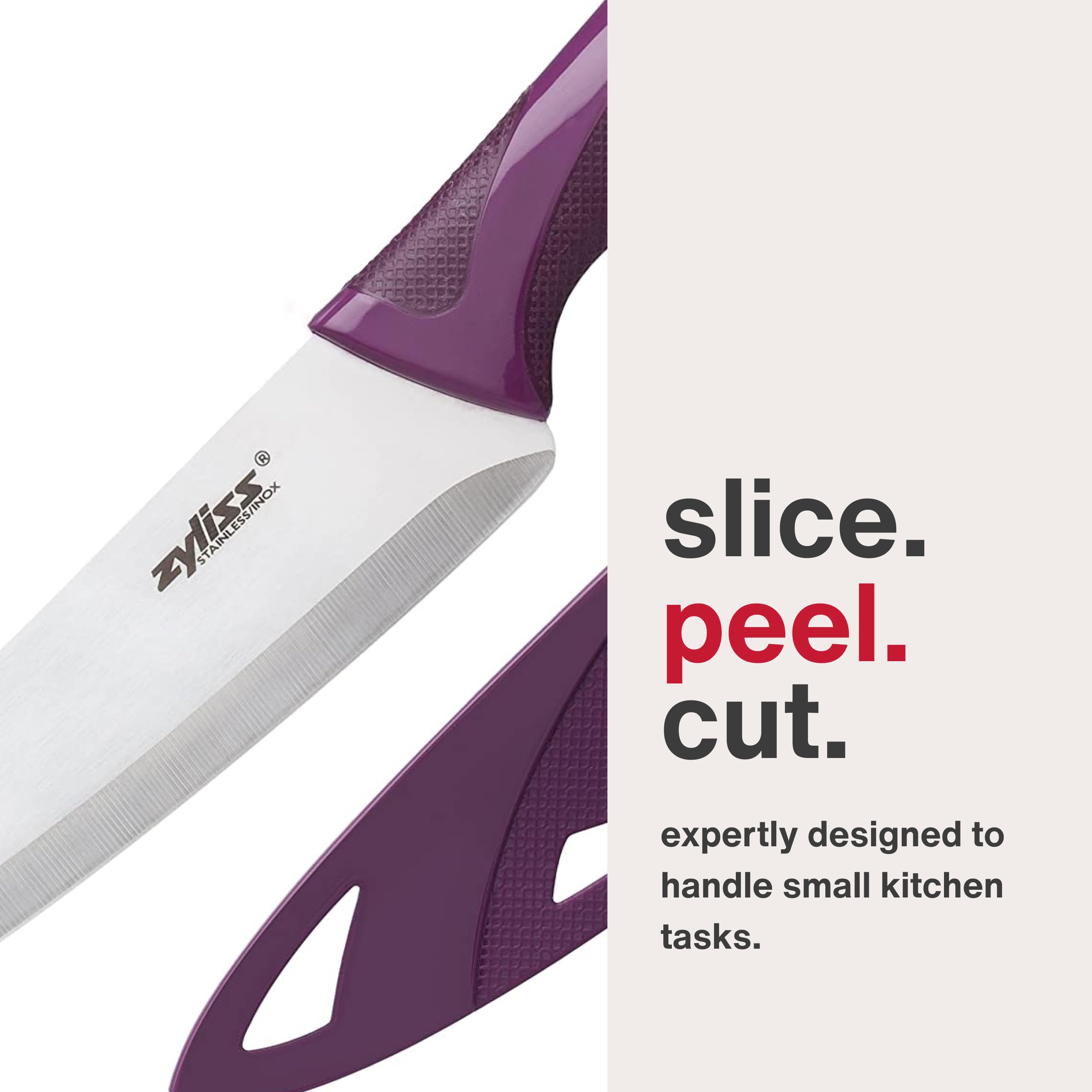 Close-up of Zyliss blade edge highlighting long-lasting sharpness for precise slicing.