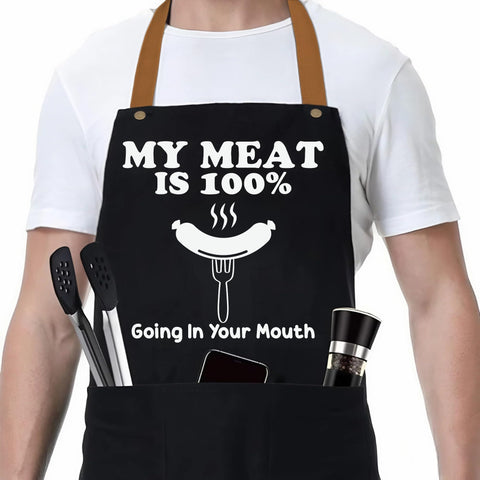 ZYNINORA apron with meat-going-in-mouth motif for kitchen humor and practicality