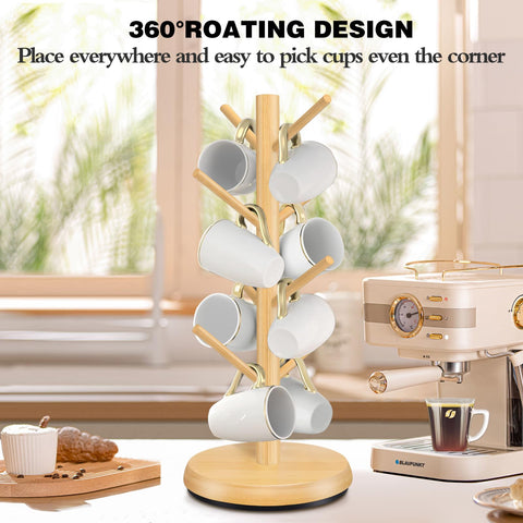 ZYZWTG mug holder tree with eight wooden hooks for organized mugs.