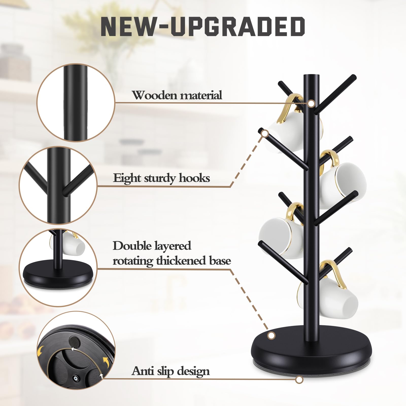 ZYZWTG Mug Holder Tree features a sleek black finish protecting mugs.