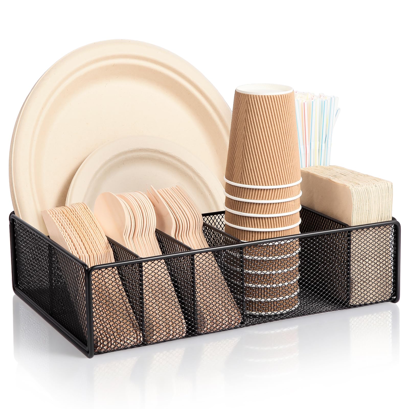 ZZDWLDHA paper plate organizer with six compartments keeps counter tidy.