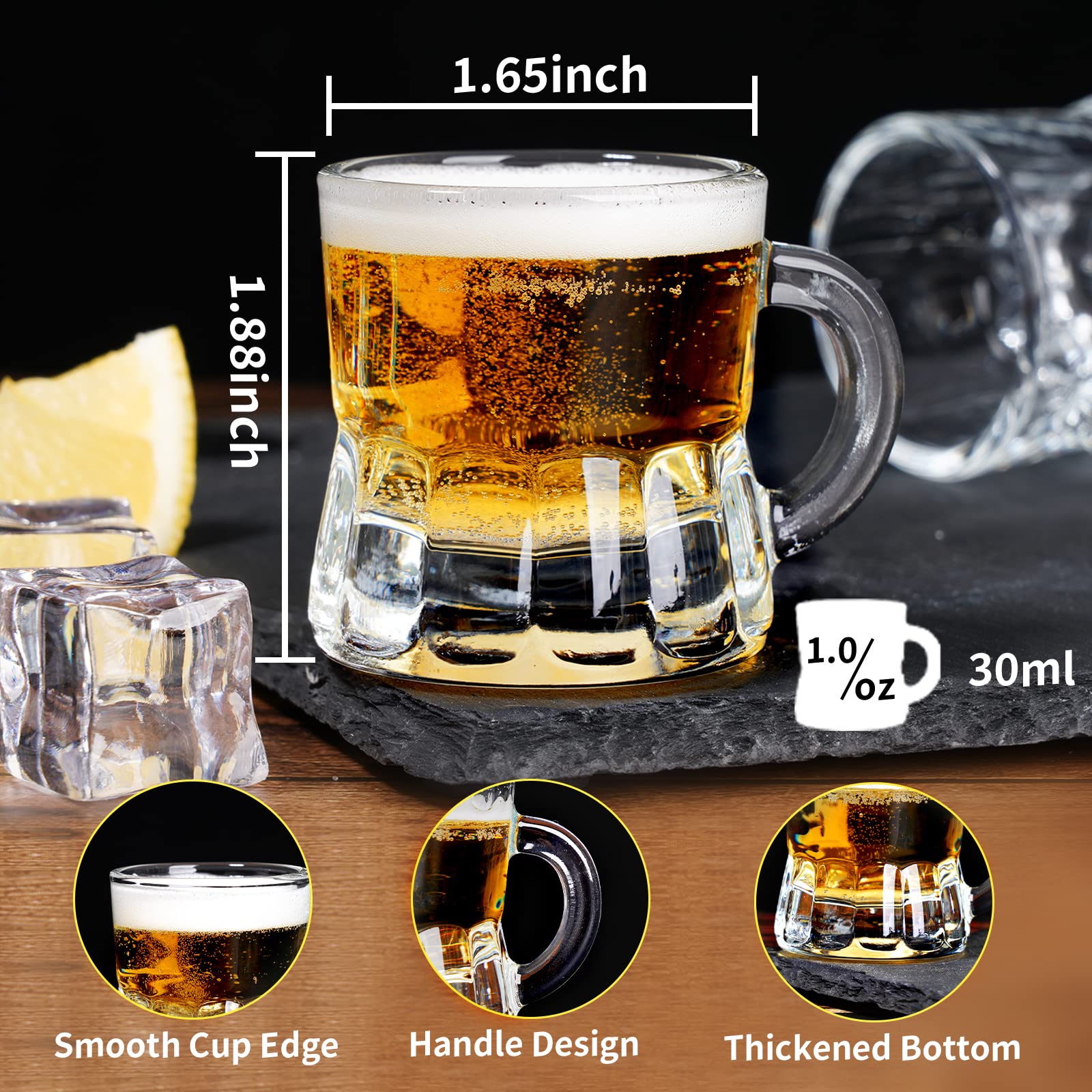 Close-up of ZZYFGH 1oz shot glass with handle for clinking at a party